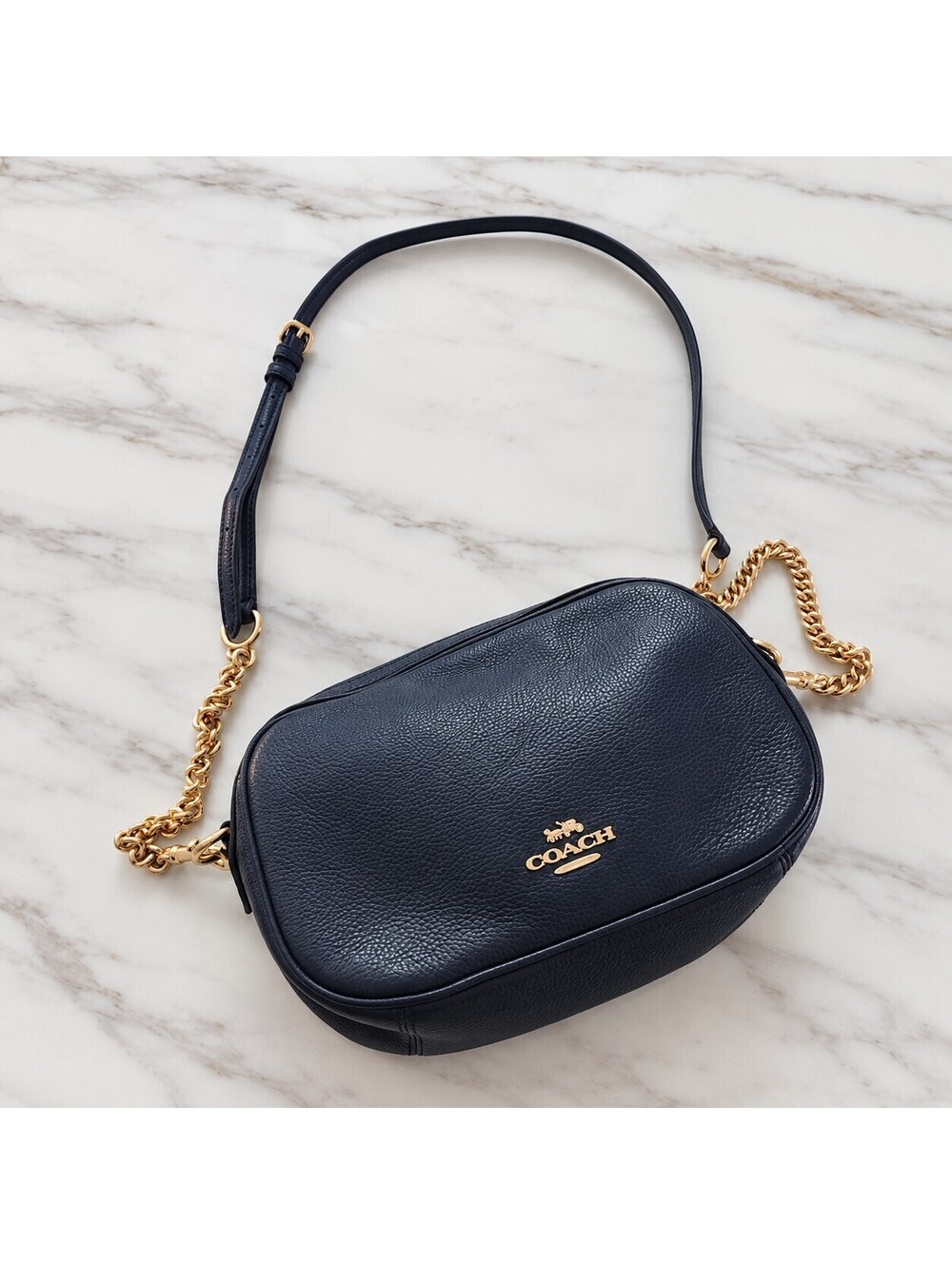 Coach Navy Leather Crossbody Bag with Gold Chain Strap flawless